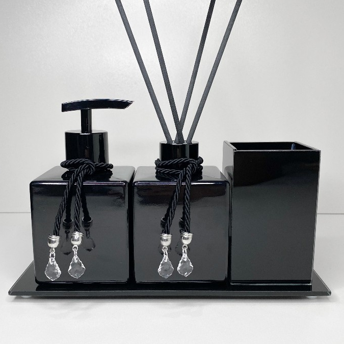 Kit Lavabo Preto c/ Porta Escova Difusor Aromatizador e Porta Sabonete Banheiro