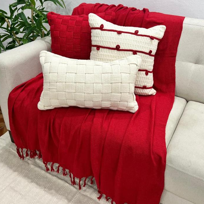 Kit de Almofadas Fita Vermelho Trancê Rustica Boho Artesanal Sofa Cama Tiras Trancelim Natalinas