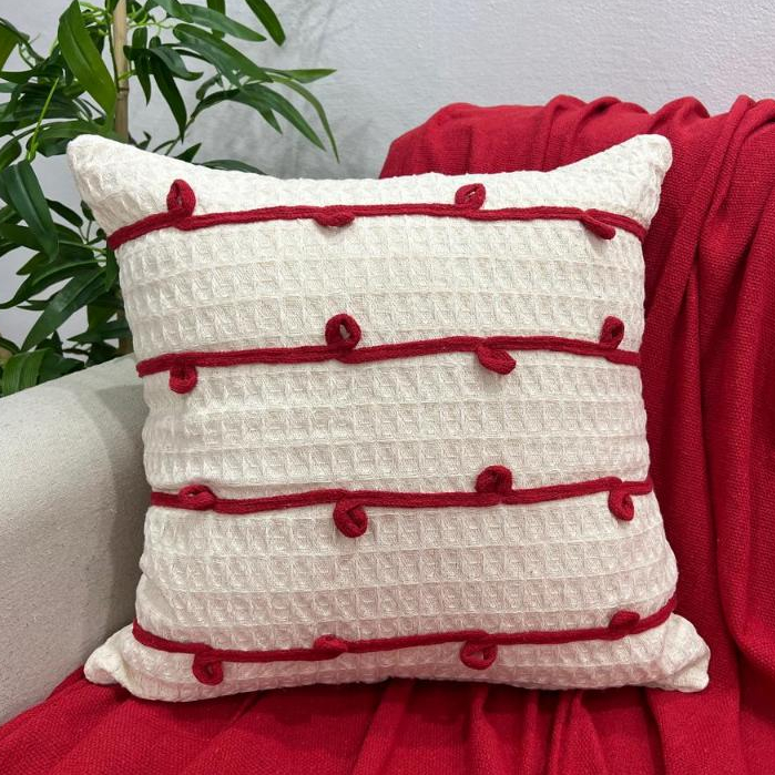 Kit Capas Almofadas e Manta Vermelha Trancê Rustica Boho Artesanal Tiras Trancelim