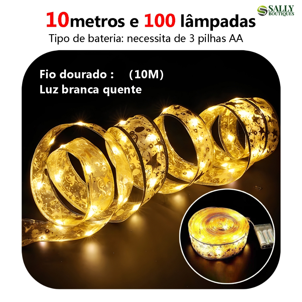 10 M Laços De Fita De Natal Com 100 Luzes Fada Cordas LED árvore Ornamentos Pisca Enfeites Decoração
