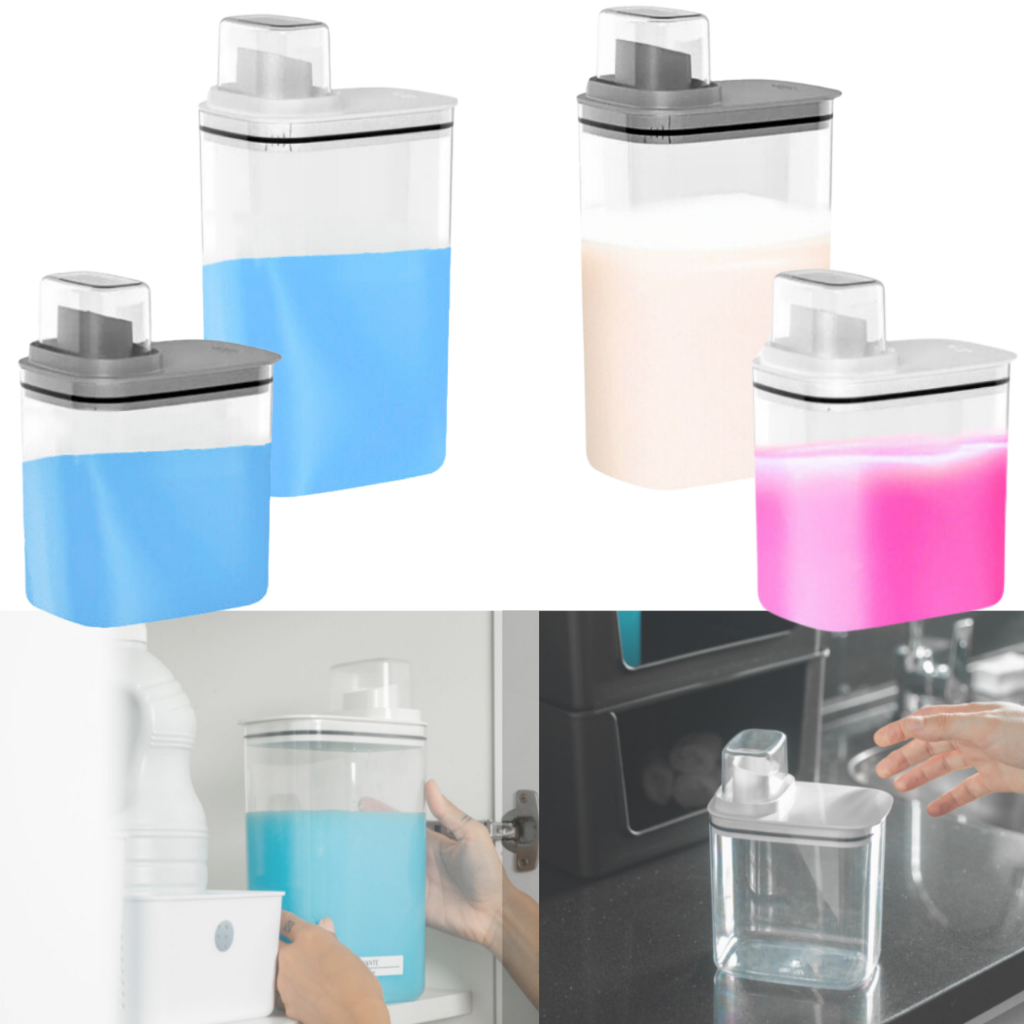 Kit Dispenser Organizador Lavanderia 2,3 litros + 1,5 Litros Acrílico (AMACIANTE, SABÃO EM PÓ)