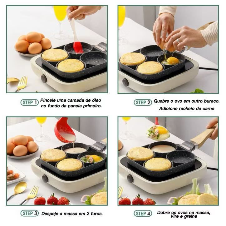 Frigideira Multifuncional Antiaderente 4em1 E 3em1 Ovos Hambúrguer Omelete Com Alça De Madeira