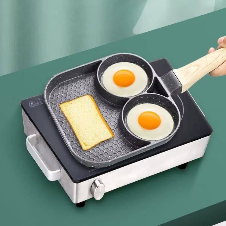 Frigideira Multifuncional Antiaderente 4em1 E 3em1 Ovos Hambúrguer Omelete Com Alça De Madeira