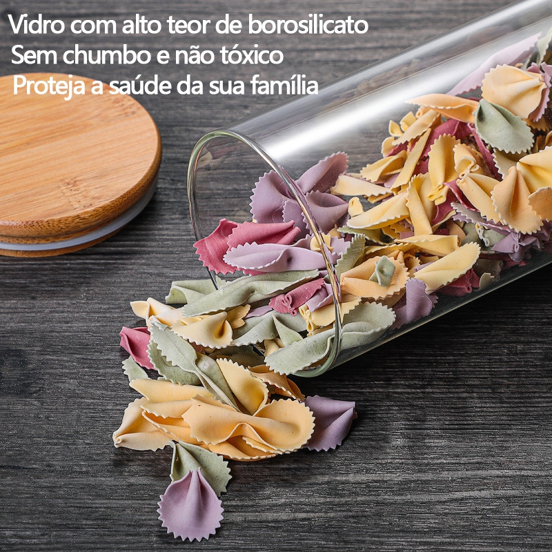 Kit 6 potes de vidro com tampa de bambu herméticos redondos 200ml