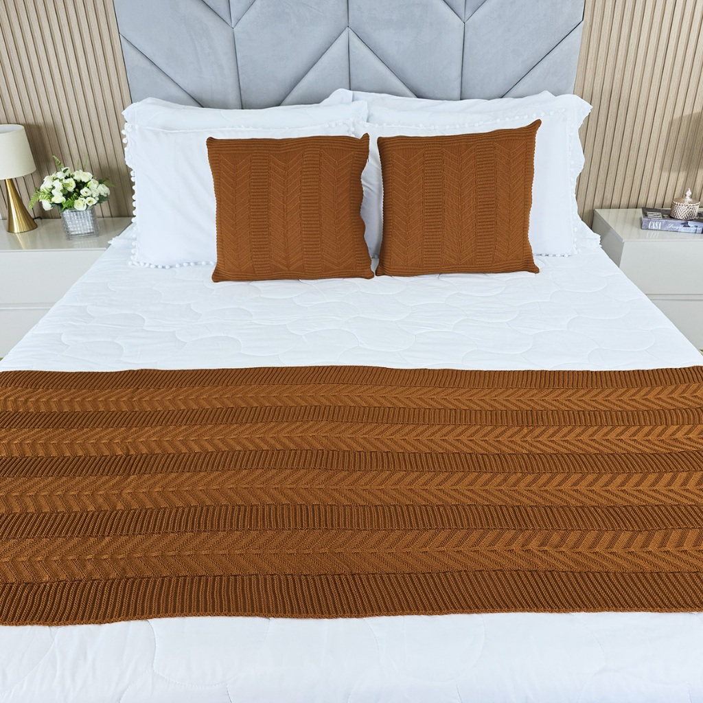 Kit Peseira Manta Tricot Cama Casal Queen King Links + 2 Capas Almofadas