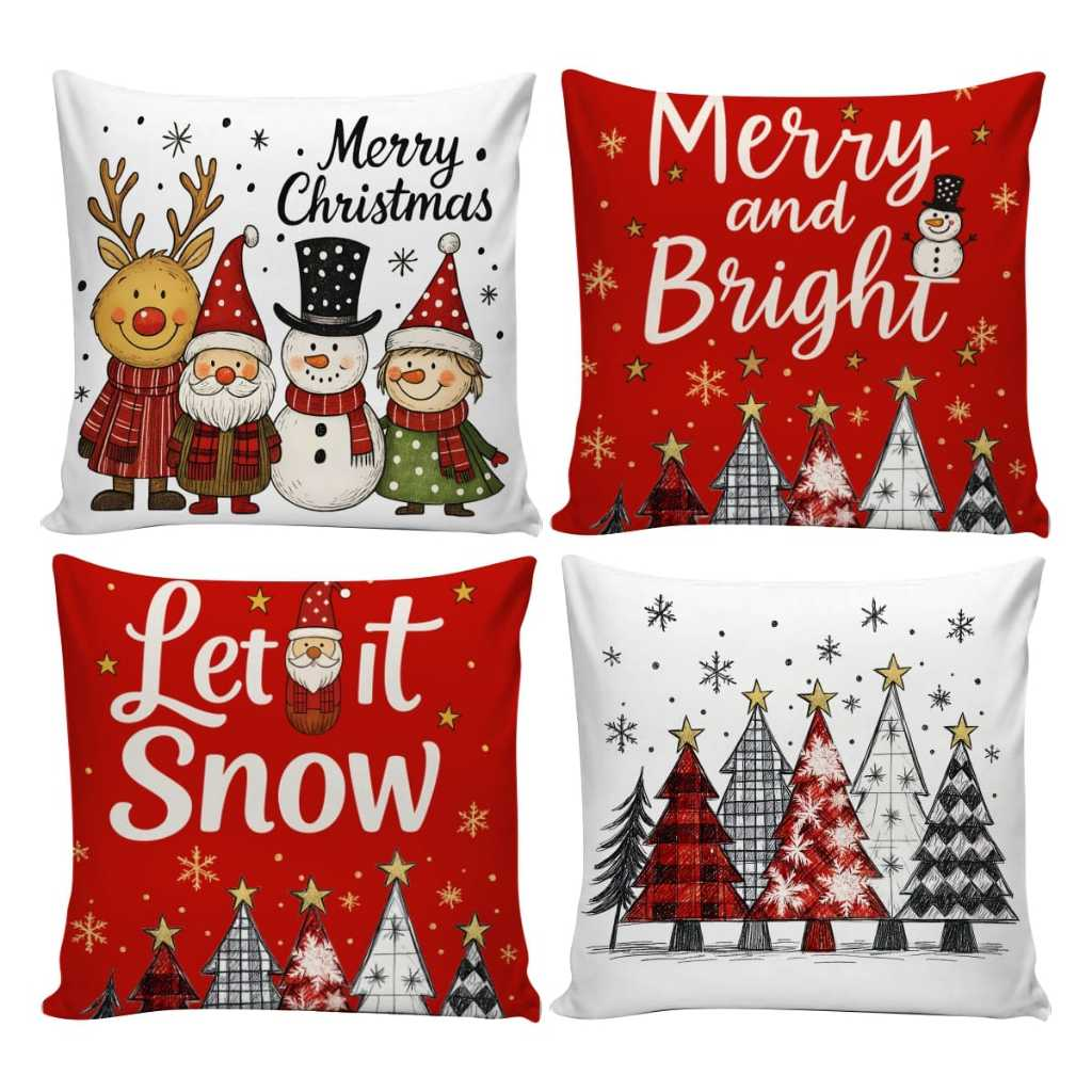 Kit 4 Capas de Almofadas Decorativas 45x45cm Feliz Natal Sala Quarto e Decoração