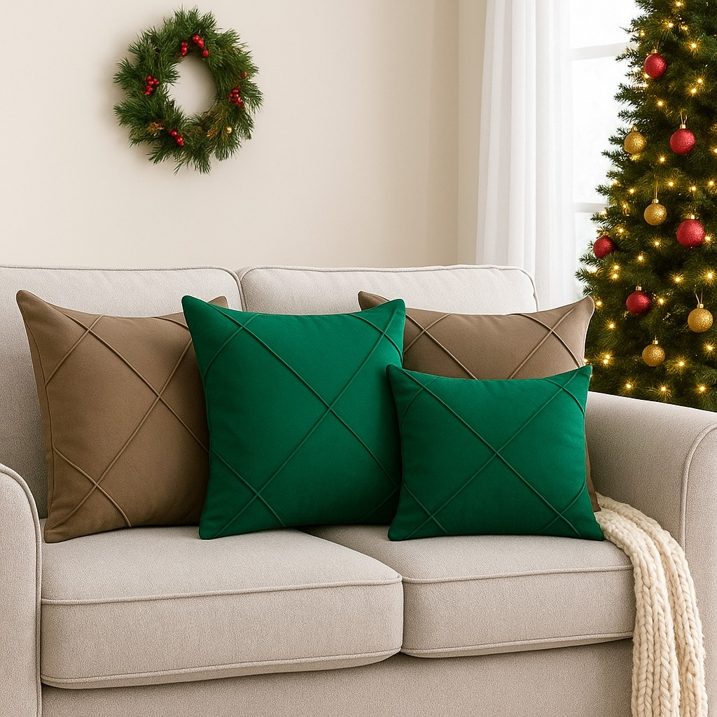 Kit 4 Capas de Almofada Natal Suede Drapeada 45x45cm Decoração Natalina