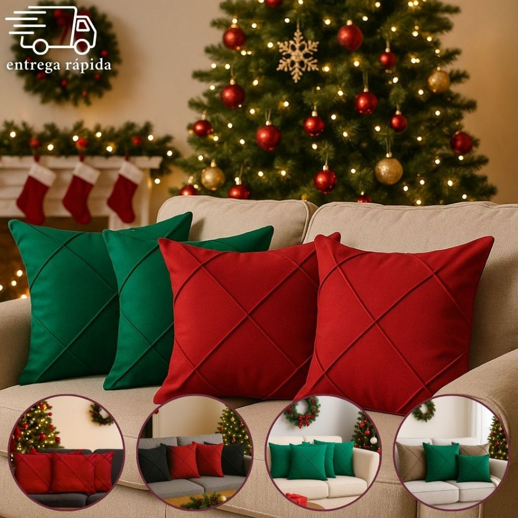 Kit 4 Capas de Almofada Natal Suede Drapeada 45x45cm Decoração Natalina