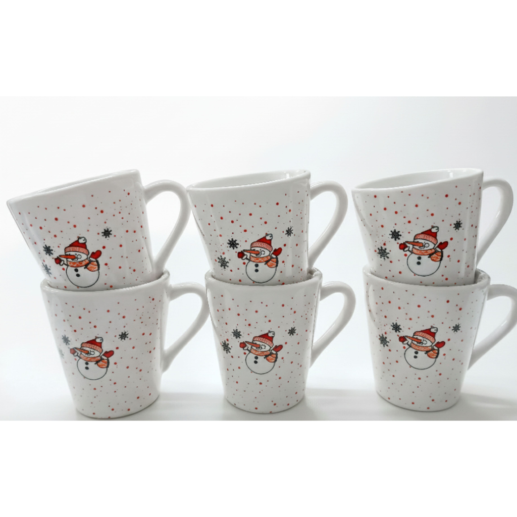 Kit 6 Xícaras Café 120ml Branca Chá Decorada Natal Boneco de Neve Flocos de Neve