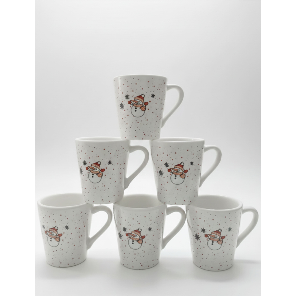 Kit 6 Xícaras Café 120ml Branca Chá Decorada Natal Boneco de Neve Flocos de Neve