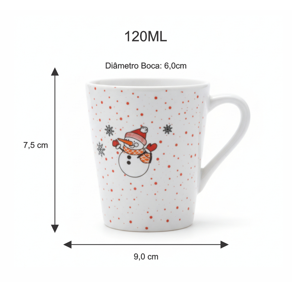 Kit 6 Xícaras Café 120ml Branca Chá Decorada Natal Boneco de Neve Flocos de Neve