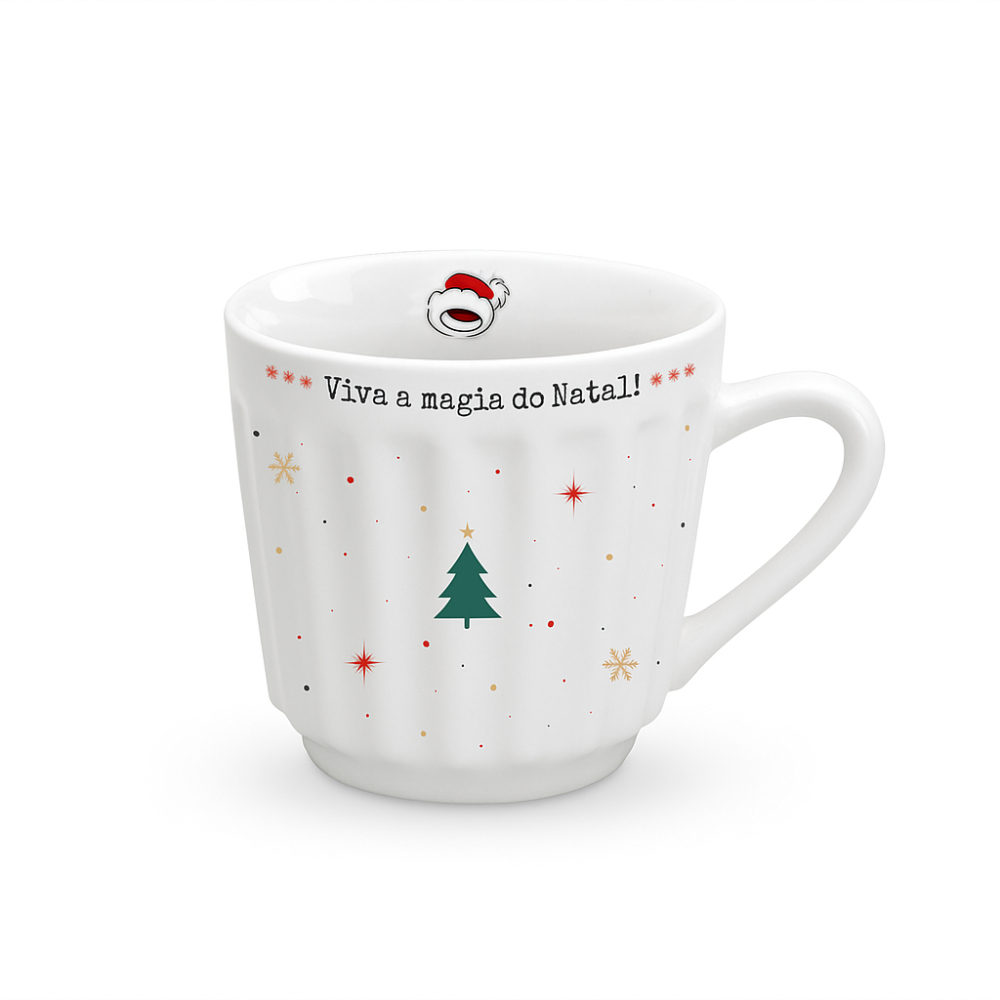 Caneca Canelada Natal Porcelana 150ml Comemoração Natalina Presente Festa Verde Branca