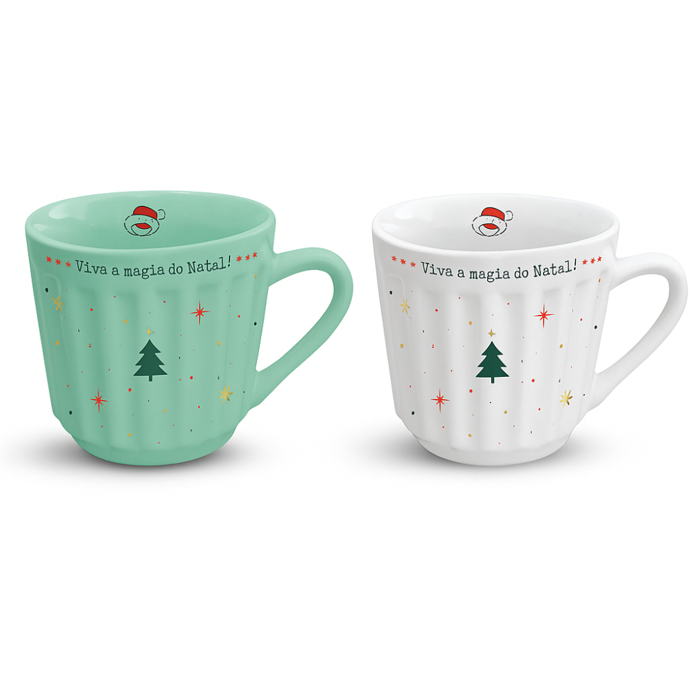Caneca Canelada Natal Porcelana 150ml Comemoração Natalina Presente Festa Verde Branca