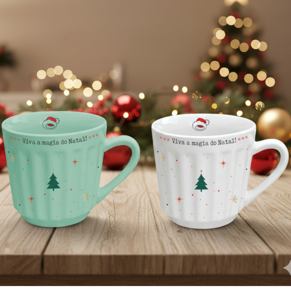 Caneca Canelada Natal Porcelana 150ml Comemoração Natalina Presente Festa Verde Branca