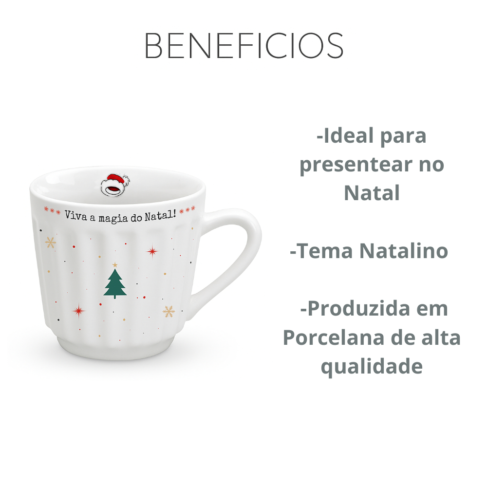 Caneca Canelada Natal Porcelana 150ml Comemoração Natalina Presente Festa Verde Branca