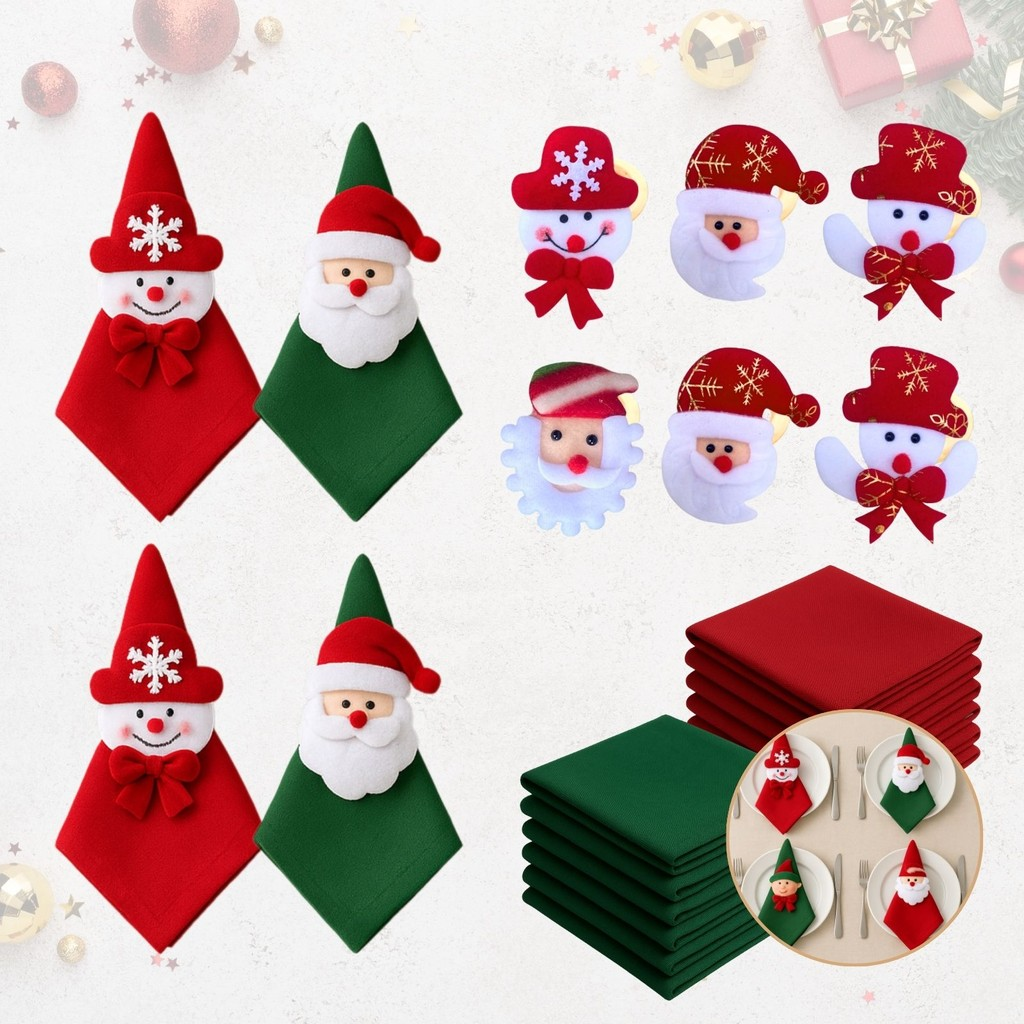 Kit com 4/8 Guardanapo + Argola Anel de Guardanapo Decorativo Mesa Posta Natal