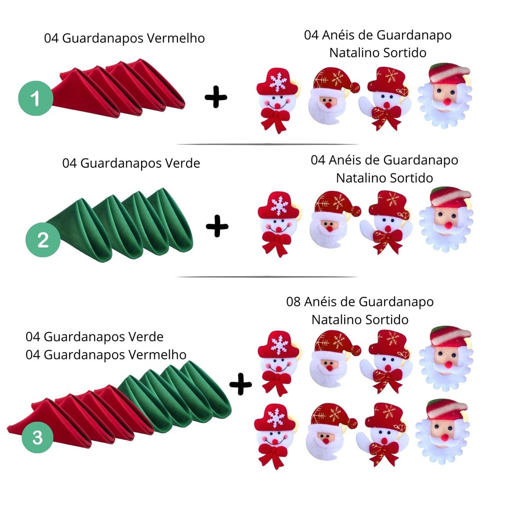 Kit com 4/8 Guardanapo + Argola Anel de Guardanapo Decorativo Mesa Posta Natal