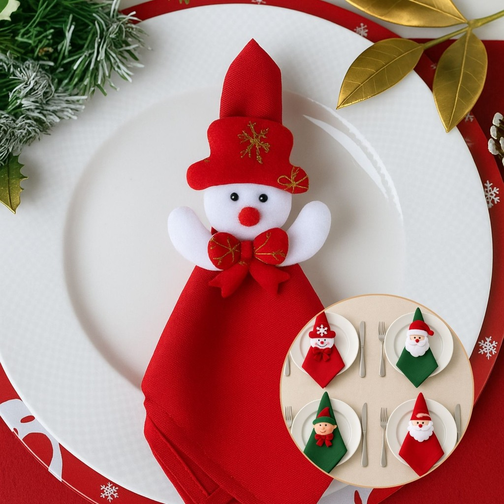 Kit com 4/8 Guardanapo + Argola Anel de Guardanapo Decorativo Mesa Posta Natal