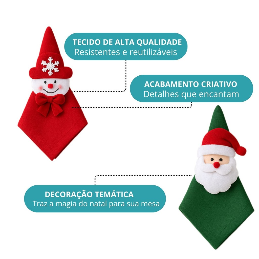 Kit com 4/8 Guardanapo + Argola Anel de Guardanapo Decorativo Mesa Posta Natal