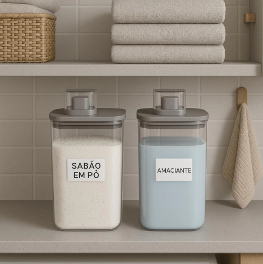 Kit com 3 Dispensers de Acrílico para Sabão, Amaciante e Detergente – Organização Premium | Linha CasaClean