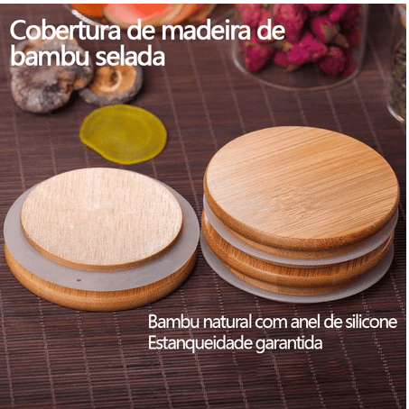 Kit 6 potes de vidro herméticos tampa de bambu