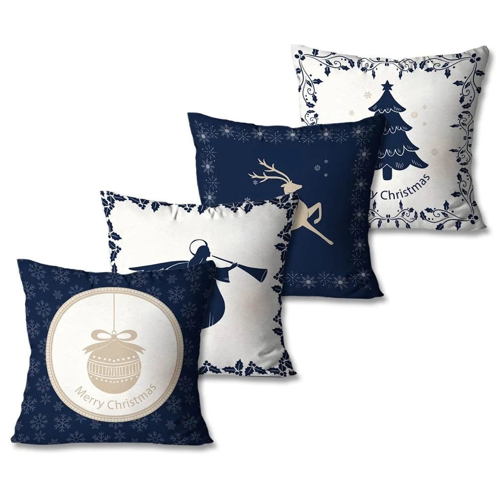 Kit com 4 Capas de Almofadas Decorativas Natal Azul e Branco Único