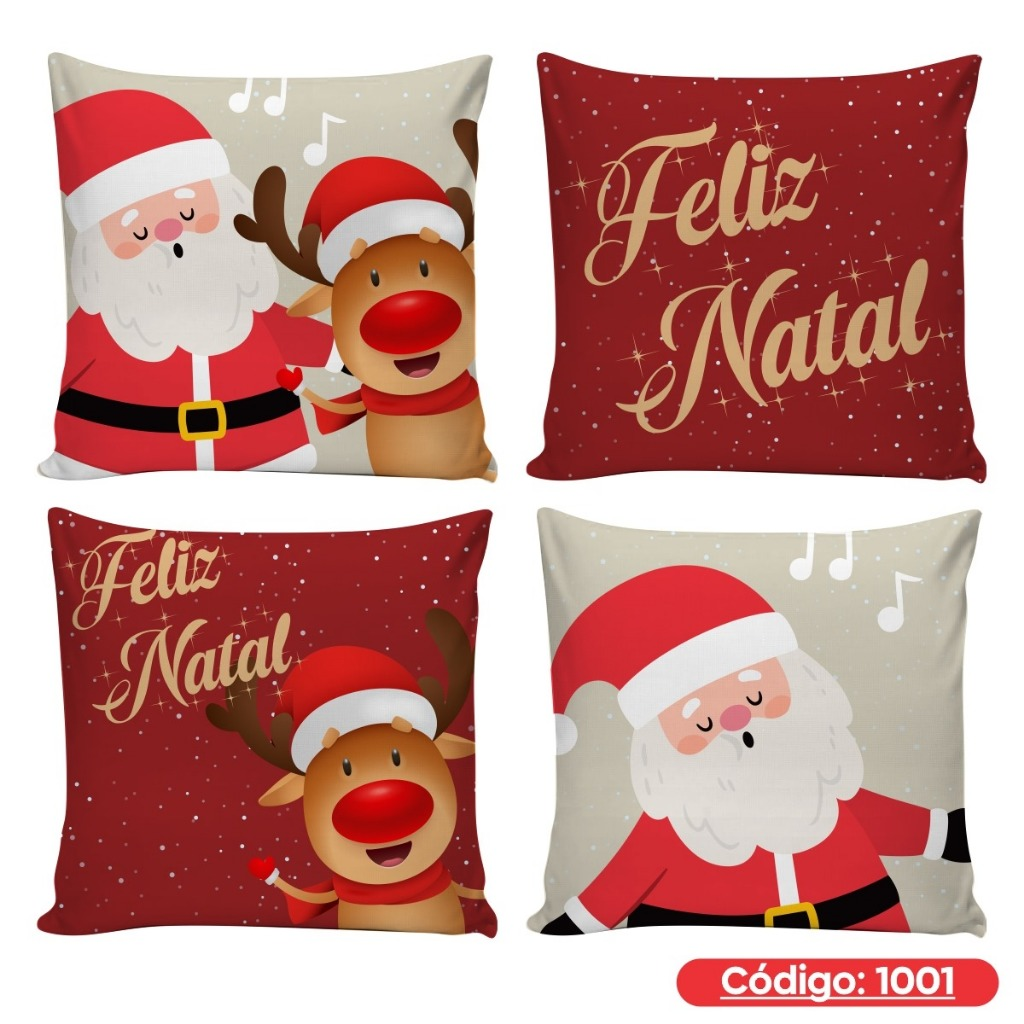 Kit 4 Capas de Almofadas Decorativas 45x45cm Feliz Natal Sala Quarto e Decoração