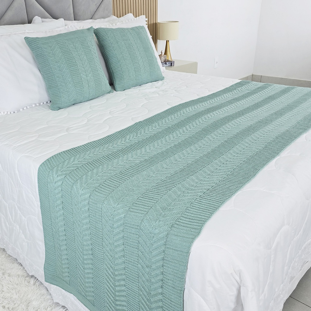 Kit Peseira Manta Tricot Cama Casal Queen King Links + 2 Capas Almofadas