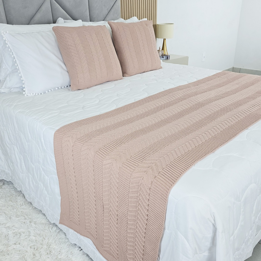 Kit Peseira Manta Tricot Cama Casal Queen King Links + 2 Capas Almofadas