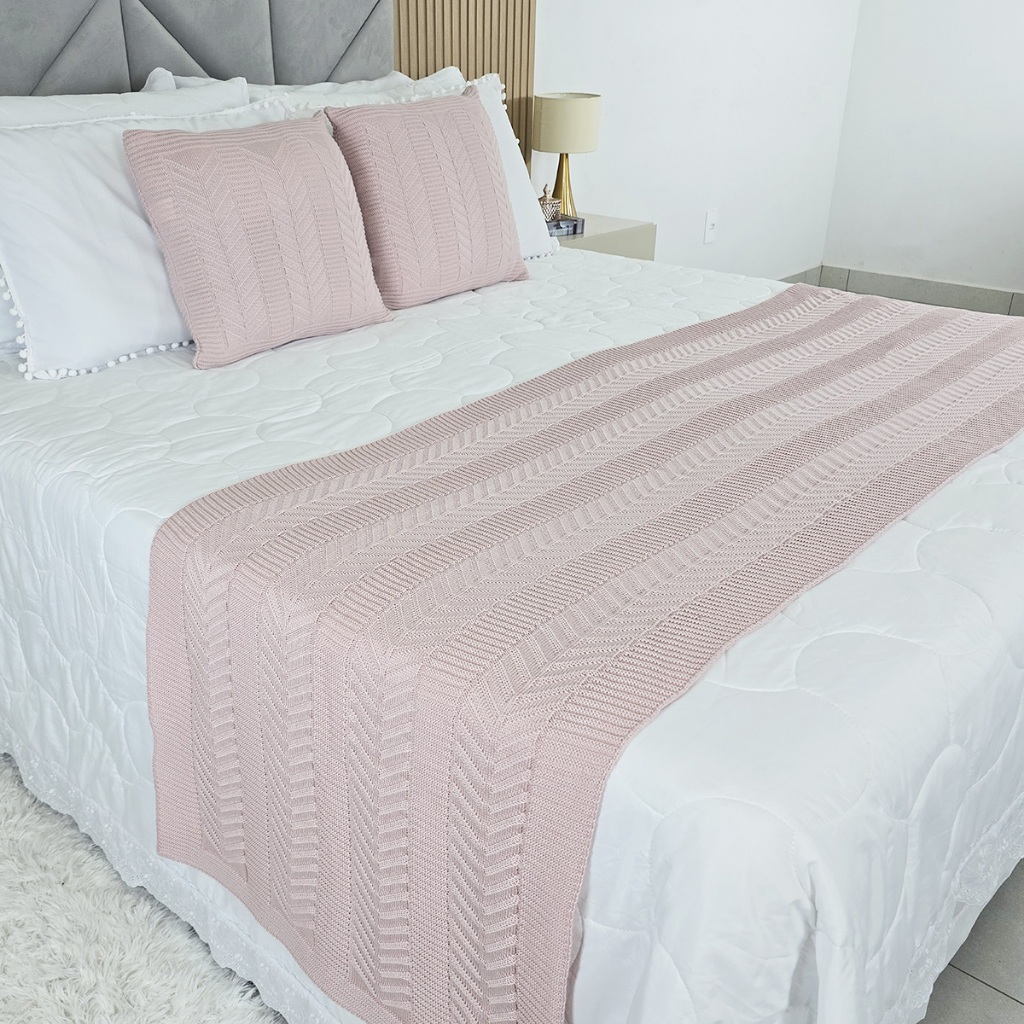 Kit Peseira Manta Tricot Cama Casal Queen King Links + 2 Capas Almofadas