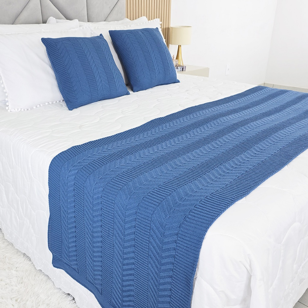 Kit Peseira Manta Tricot Cama Casal Queen King Links + 2 Capas Almofadas
