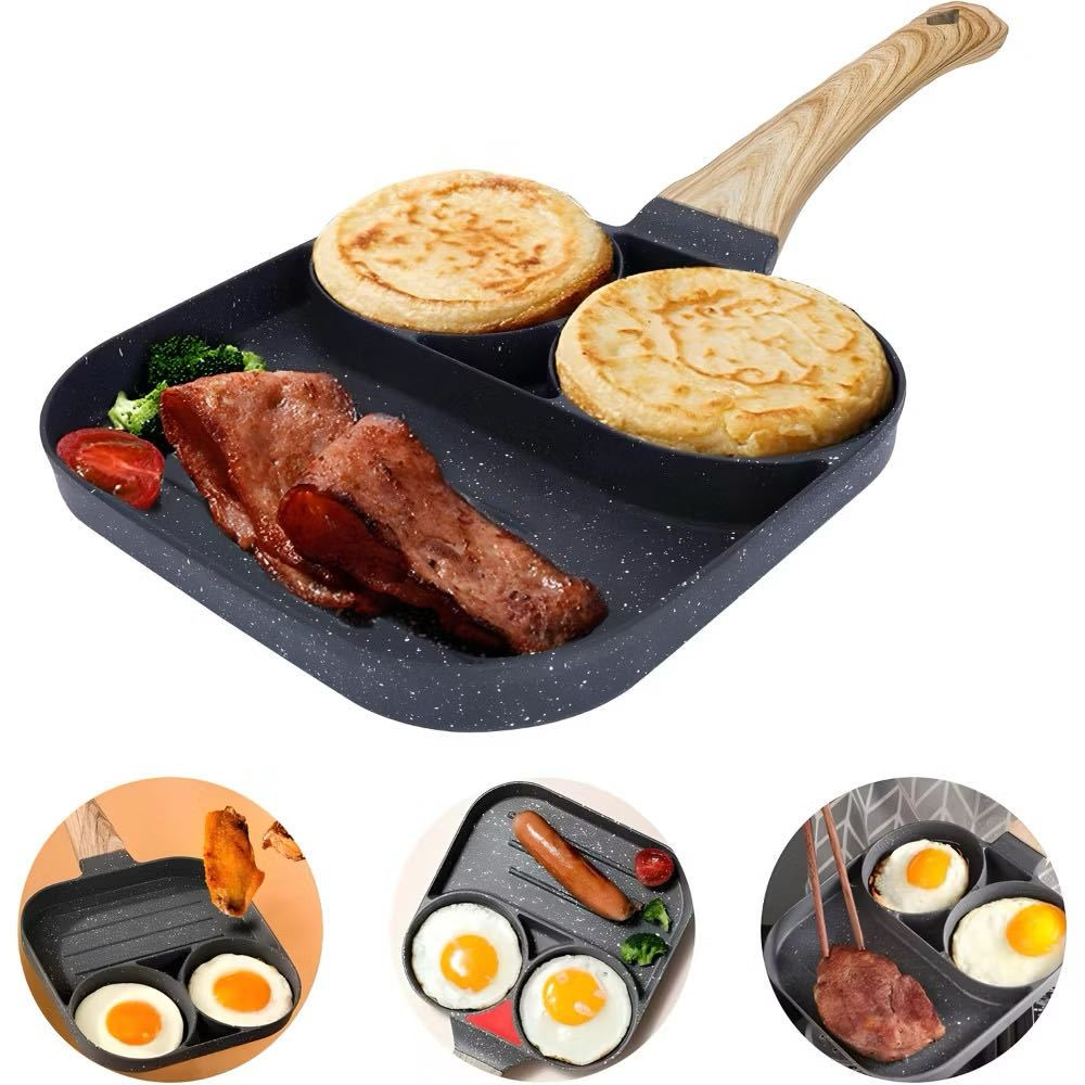 Frigideira Multifuncional Antiaderente 4em1 E 3em1 Ovos Hambúrguer Omelete Com Alça De Madeira