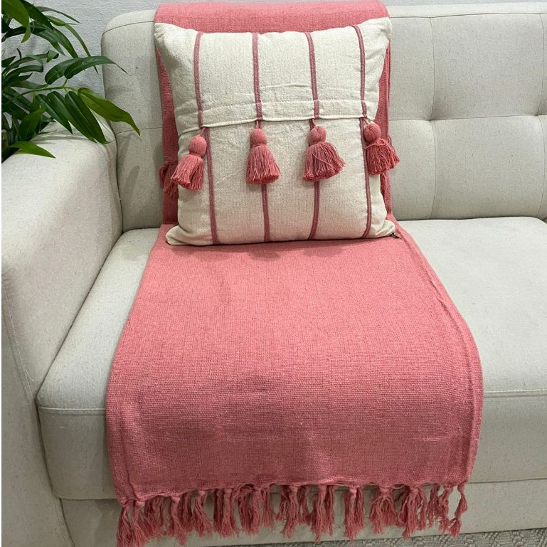 Kit Capa Almofada Pompom (1 Capa + 1 Manta) Listra Rose Decorativa Rustica Estilo Boho Colorida
