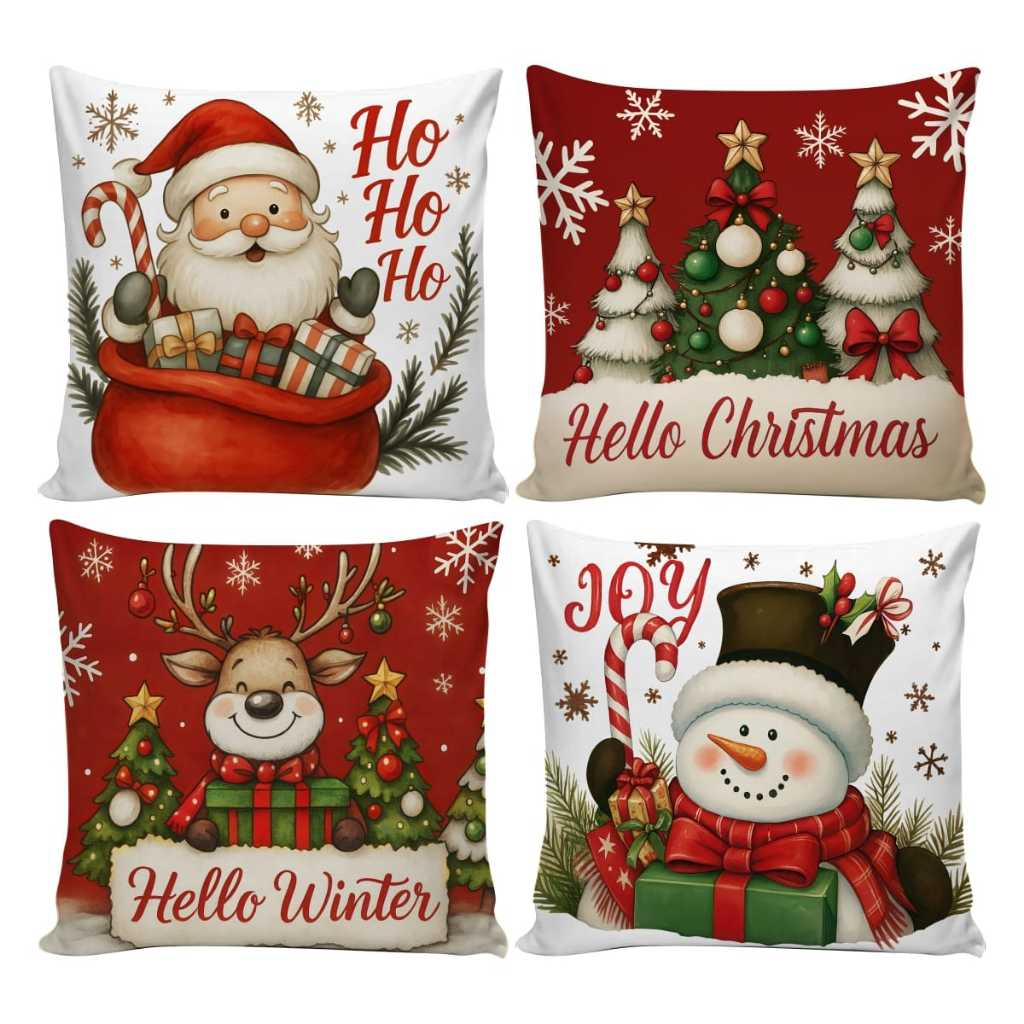 Kit 4 Capas de Almofadas Decorativas 45x45cm Feliz Natal Sala Quarto e Decoração
