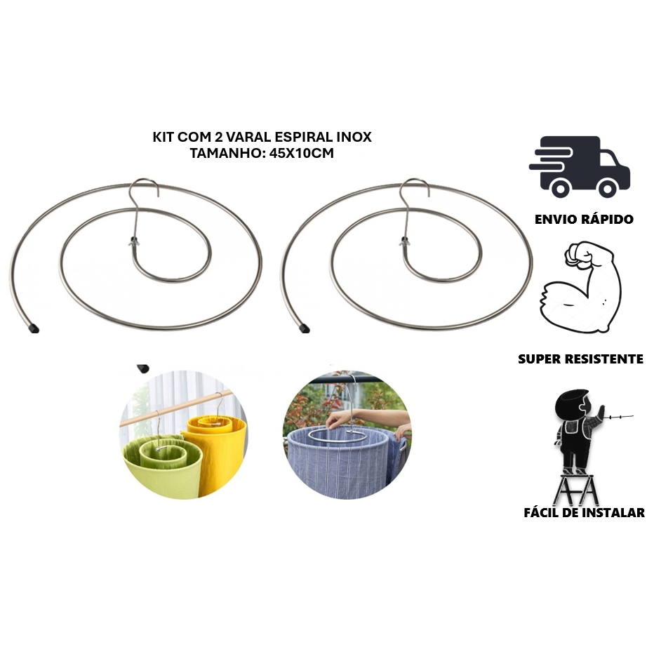 Kit 2 Varal Espiral Inox Secagem Fácil Cabide Redondo Lençol