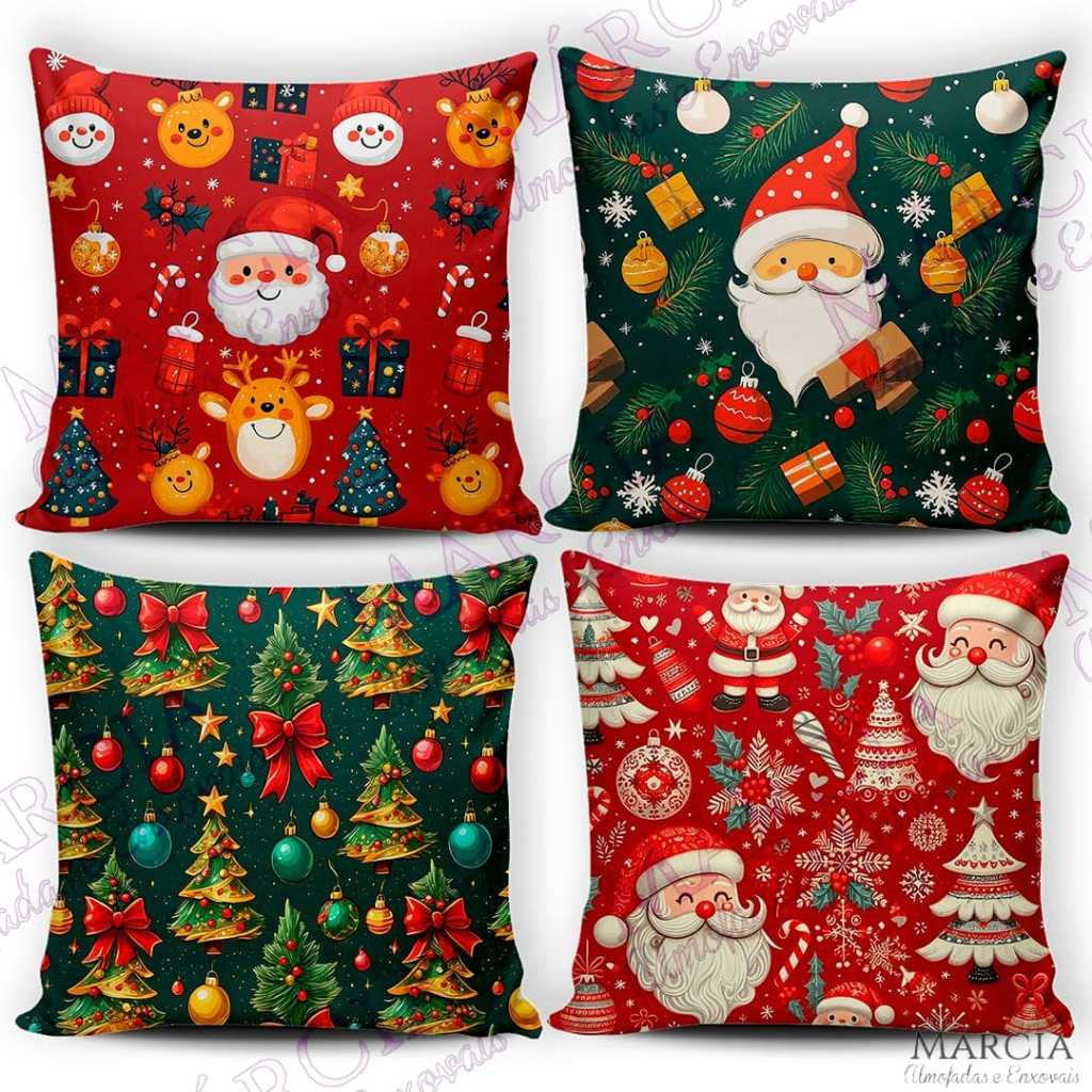 Kit 4 Capas de Almofadas Decorativas 45x45cm Feliz Natal Sala Quarto e Decoração