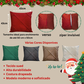 Kit 4 Capas de Almofada Natal Suede Drapeada 45x45cm Decoração Natalina