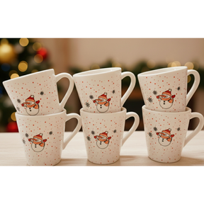 Kit 6 Xícaras Café 120ml Branca Chá Decorada Natal Boneco de Neve Flocos de Neve