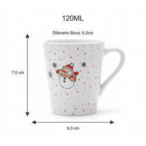Kit 6 Xícaras Café 120ml Branca Chá Decorada Natal Boneco de Neve Flocos de Neve