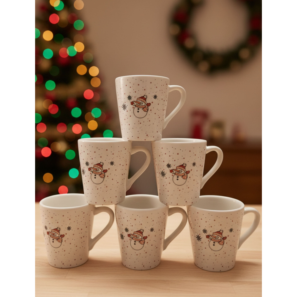 Kit 6 Xícaras Café 120ml Branca Chá Decorada Natal Boneco de Neve Flocos de Neve