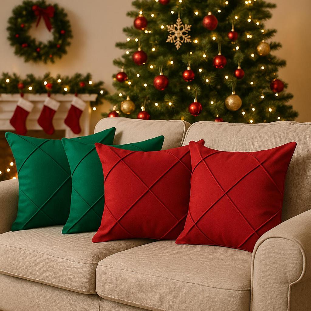 Kit 4 Capas de Almofada Natal Suede Drapeada 45x45cm Decoração Natalina