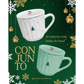 Caneca Canelada Natal Porcelana 150ml Comemoração Natalina Presente Festa Verde Branca
